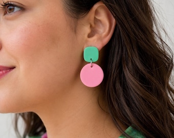Pink & Mint Green Polymer Clay Earrings | Colorful Dangle Earrings | Lightweight Statement Earrings | Stainless Steel Posts
