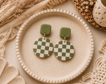 Sage Green Checkerboard Polymer Clay Dangle Earrings | Retro Boho Lightweight Jewelry