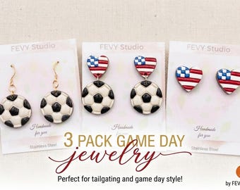 Game Day Earrings Set, Soccer Earrings, USA Flag Heart Studs, Soccer Ball Dangles, 3 Pack Earrings, Sports Jewelry, Football Fan Gift