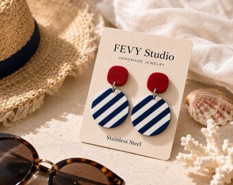 Nautical Striped Polymer Clay Dangle Earrings, Coastal Beach Vacation Jewelry
