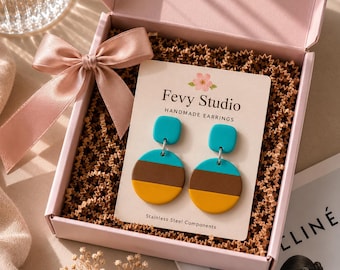 Turquoise Polymer Clay Earrings | Modern Color Block Statement Dangle Earrings