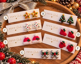 Pendientes navideños hechos a mano de arcilla polimérica, bonitos pendientes de botón navideños, joyería festiva de Navidad, regalo para ella.