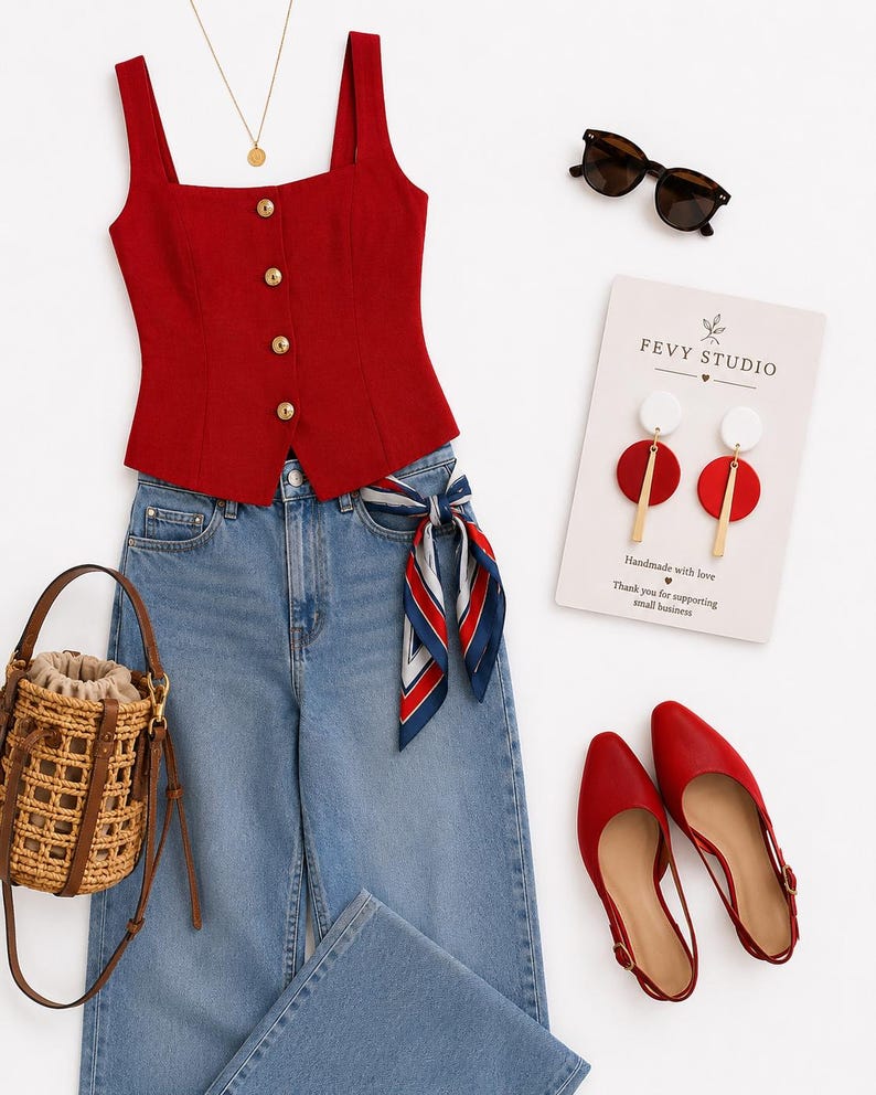 Puede incluir: Un top rojo sin mangas con botones dorados, vaqueros azules con un pa&ntilde;uelo rojo, blanco y azul, un bolso tipo cubo de paja trenzada, zapatos rojos destalonados, gafas negras, un collar dorado y pendientes circulares en una tarjeta Fevy Studio.