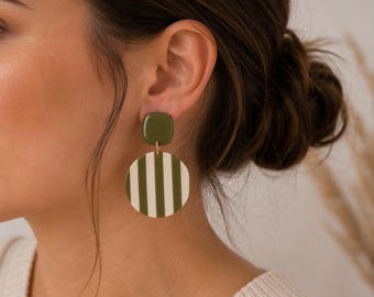 Olive Green Striped Polymer Clay Dangle Earrings | Modern Geometric Boho Jewelry