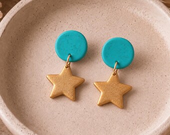 Turquoise Star Earrings, Western Cowgirl Jewelry, Handmade Polymer Clay Dangle Earrings