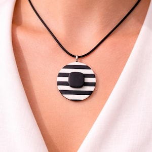 Black and White Geometric Pendant Necklace | Minimalist Statement Necklace | Polymer Clay Jewelry | Modern Circle Necklace | Gift for Her
