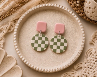 Sage Green Checkerboard |  Pink Stud Dangle Earrings | Polymer Clay Dangle Earrings | Retro Boho Lightweight Jewelry