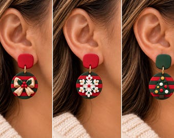 Pendientes navideños a juego para mejores amigas, juego de 3 pendientes hechos a mano de arcilla polimérica, regalos navideños para mujeres.