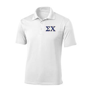May include: White short-sleeved polo shirt with a blue and gold embroidered "ΣX" on the left chest.