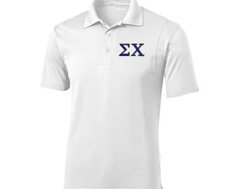 May include: White short-sleeved polo shirt with a blue and gold embroidered "ΣX" on the left chest.