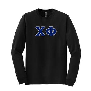 Camiseta de manga comprida com letras gregas da fraternidade Chi Phi