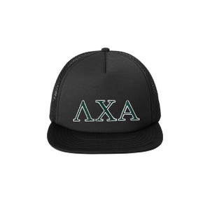 May include: Black trucker hat with a curved brim and mesh back. The front of the hat displays the letters AXA in a green and white design. The hat is a classic accessory.