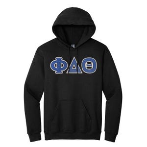 May include: Black hooded sweatshirt with a kangaroo pocket. The front features the Greek letters ΦΔΘ in blue with a white outline. The sweatshirt has a drawstring hood and ribbed cuffs and hem. A casual, comfortable garment.
