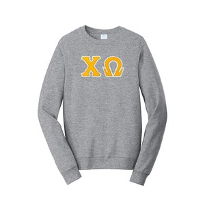 Sudadera premium de cuello redondo con letras griegas de la hermandad Chi Omega