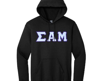 May include: Black hooded sweatshirt with a white Greek letter design that reads "ΣΑΜ" in a blue outline.
