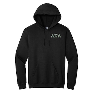 May include: Black hooded sweatshirt with a front pocket and drawstring. The sweatshirt features the Greek letters AXA in a green and white design on the upper left chest. A casual, comfortable garment.
