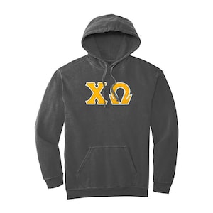 Sudadera con capucha y letras griegas de la hermandad Chi Omega con colores cómodos