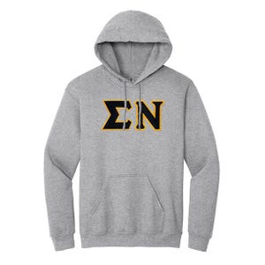 May include: A gray hooded sweatshirt with a black and yellow embroidered "ΣΝ" on the front.