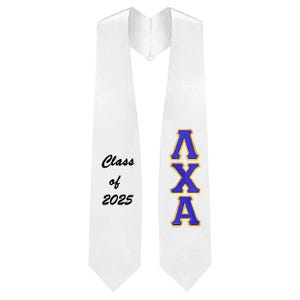 May include: White graduation sash with the text "Class of 2025" in black script on one side. The other side features the Greek letters ΛXA in blue with gold trim. A graduation accessory.