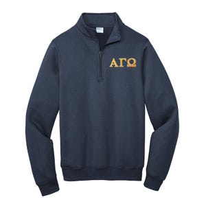 May include: Navy blue quarter-zip sweatshirt with the Greek letters ΑΓΩ embroidered in gold on the chest. The sweatshirt has a mock neck collar and a zipper that extends down the chest. The fabric appears to be a soft, comfortable material.