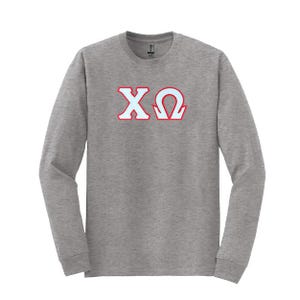 Camiseta de manga larga con letras griegas de la hermandad Chi Omega