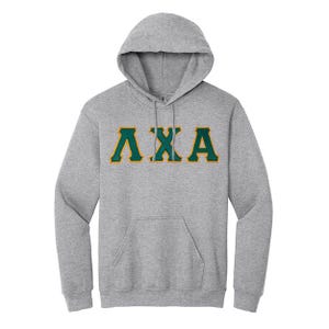May include: A gray hooded sweatshirt with a front pocket and a drawstring. The letters ΛXA are displayed across the chest in green with gold trim. The sweatshirt is made of a soft, comfortable material.