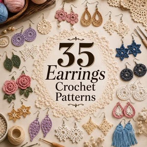 May include: A collection of various crochet earrings in shapes like flowers, leaves, stars, and teardrops, arranged around a central text graphic that reads 35 Earrings Crochet Patterns. The earrings feature diverse colors including pink, blue, white, yellow, and purple.