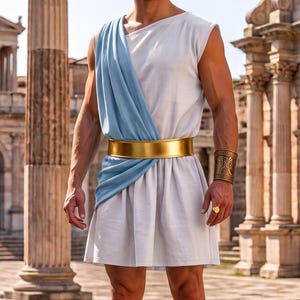 May include: A white tunic featuring a light blue sash draped over the right shoulder, cinched at the waist with a wide gold belt. The outfit includes a textured gold cuff on the left wrist, a gold ring on the left hand, and brown lace-up sandals.