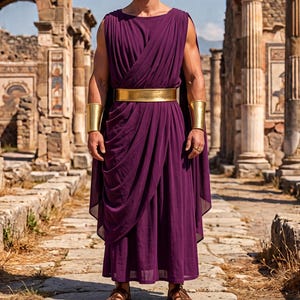 May include: A floor-length purple tunic with a draped bodice and a wide metallic gold belt at the waist. The garment features sleeveless shoulders and is paired with matching gold arm cuffs on both wrists and brown leather strappy sandals.