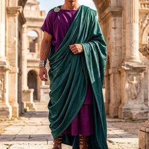 May include: A person wearing a purple tunic layered under a long, draped dark green toga. The garment is secured at the shoulder with a metallic circular brooch. The outfit is paired with brown leather gladiator sandals and a silver wrist cuff.