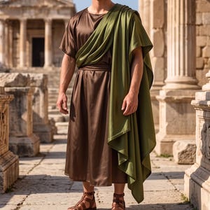 May include: A brown tunic with a draped olive green sash worn over the shoulder, paired with brown leather strappy sandals. The garment features a smooth, satin-like fabric with a simple round neckline and a cinched waistline, reaching mid-calf.