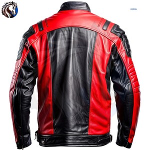 May include: A black and red leather jacket with a stand-up collar. The jacket features black sleeves and shoulders, with red panels on the front and back. The back of the jacket has a quilted design on the shoulders and sleeves. The jacket has a zipper closure and a belt at the waist.