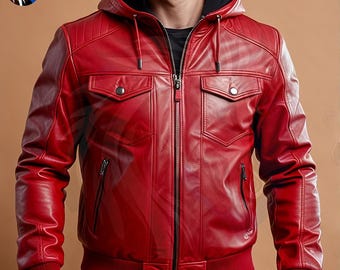 Classic Red Hooded Leather Bomber Jacket, Handmade Daily Wear Outerwear Jacket, Trendy Fashion Gift