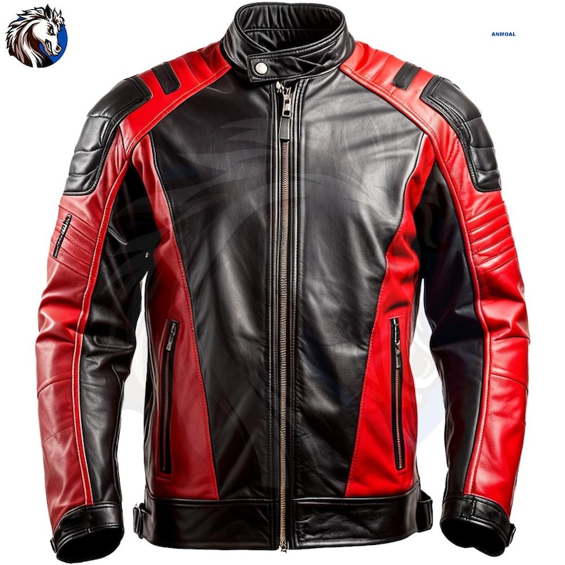 May include: A black and red leather jacket with a stand-up collar and a front zipper. The jacket features red panels on the shoulders, sleeves, and sides, with black accents. It has zippered pockets and padded details on the shoulders and sleeves.