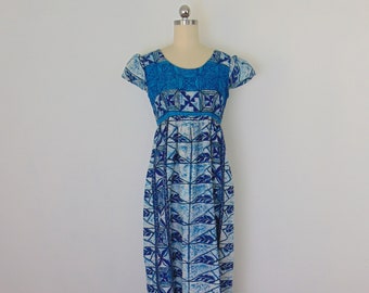 60s bark cloth Blue Hawiian maxi dress size small