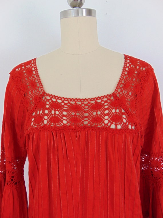 70s red cotton pintucked maxi dress size medium - image 5