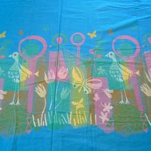 May include: A blue fabric with a repeating pattern of stylized birds, butterflies, and flowers. The pattern is in shades of pink, green, yellow, and brown.