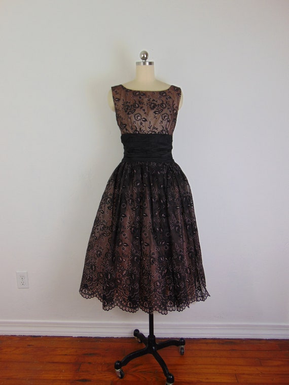 50s fit n flare flocked velvet cocktail dress siz… - image 1