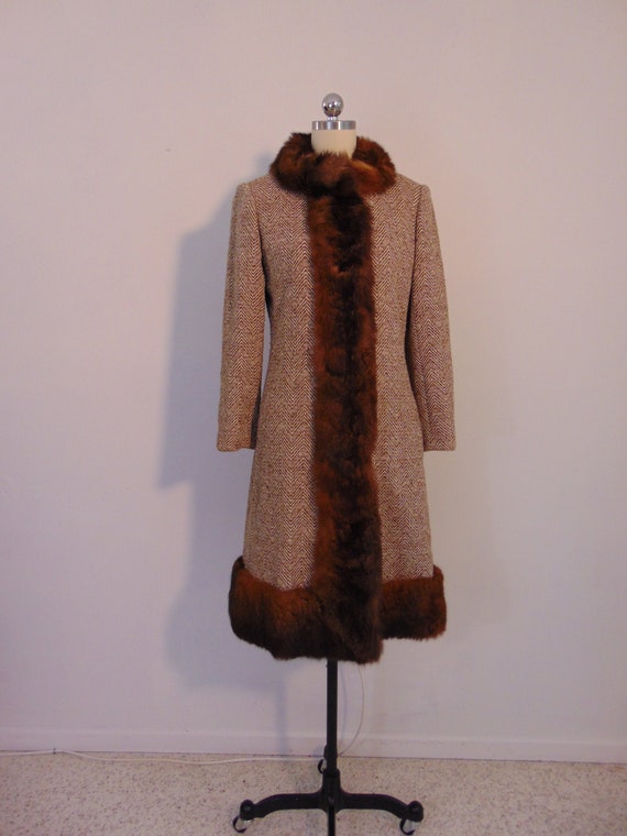 60s MOD wool tweed coat with fur trim size small