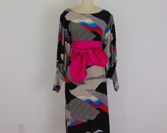 80s silk Argenti dress with op art print and balloon sleeves size M