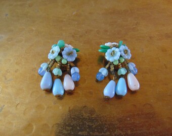 50s Murano glass floral dangle clip earrings