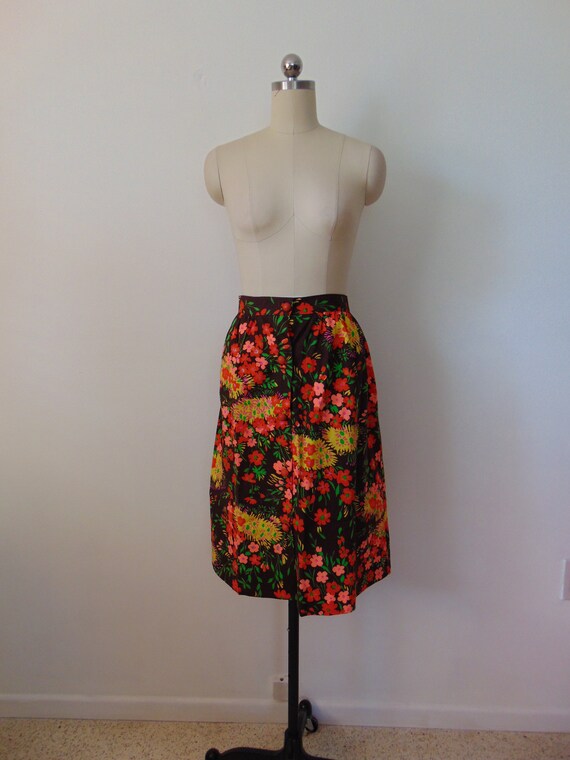 70s brown and orange Flower Power dirndl skirt size m… - Gem