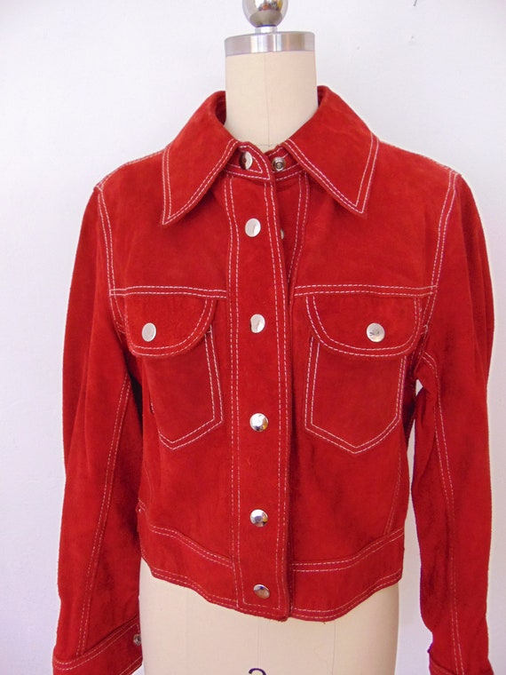 70s red suede cropped jacket size medium - image 2