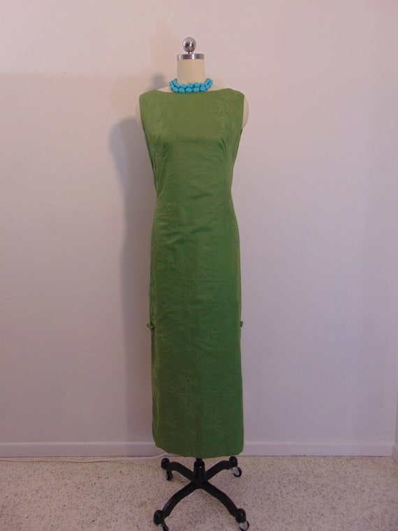 60s green cotton wiggle dress ASIAN tea timer styl