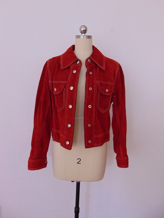 70s red suede cropped jacket size medium - image 1