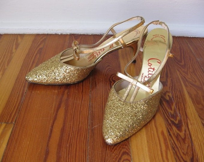 60s GOLD GLITTER Kitten Heel Pumps Stilettos Size 6.5 Etsy