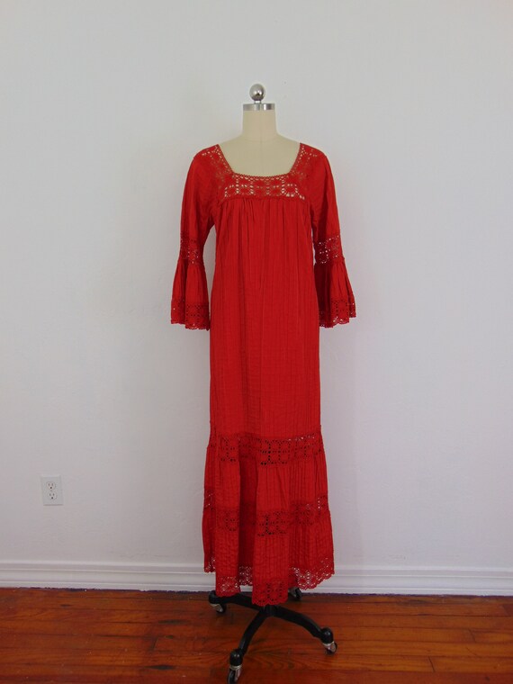70s red cotton pintucked maxi dress size medium - image 2