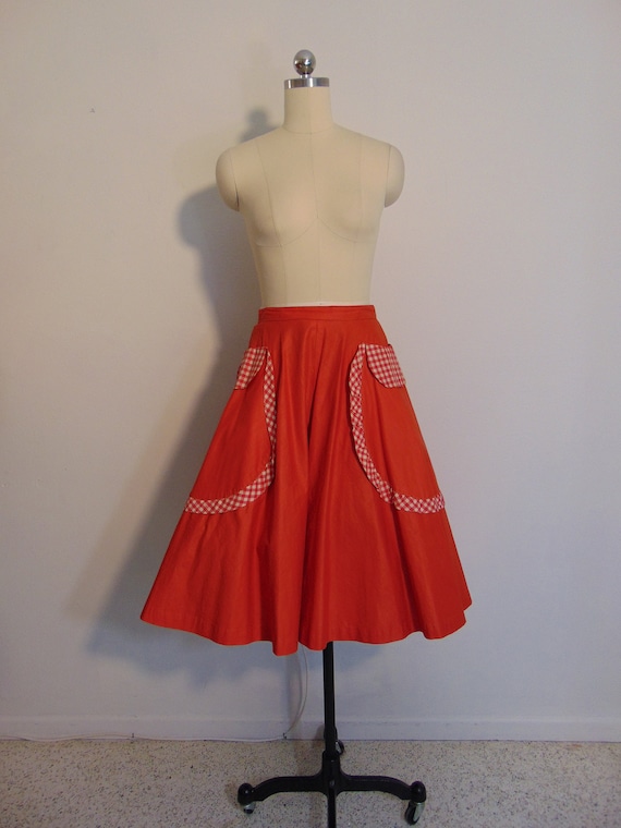 50s red cotton full skirt with gingham trim 26" wa