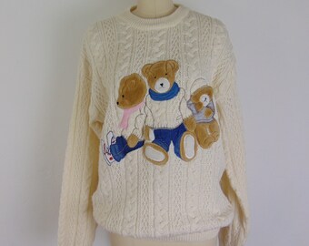 80s cable knit sweater with Teddy Bear appliques size large