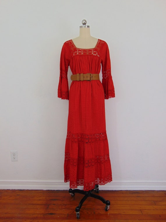 70s red cotton pintucked maxi dress size medium - image 1